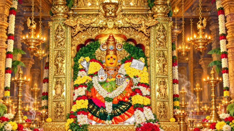 బంగారు మందిరంలో బంతి, మల్లె పూలమాలలతో అలంకరించిన దుర్గామాత విగ్రహం, చుట్టూ ఇత్తడి దీపాలు