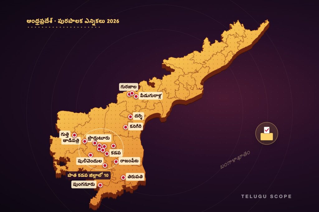 నామినేషన్ల వివాదం ఉన్న 19 పట్టణాలను చూపే ఆంధ్రప్రదేశ్ మ్యాప్; వాటిలో 10 పాత కడప జిల్లాలో