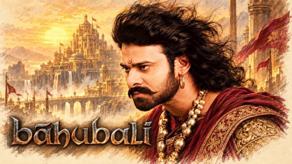 జలపాతాలున్న బంగారు రాజనగరం ముందు ఎర్రటి వస్త్రం, ముత్యాల హారంతో పొడవాటి జుట్టు, గడ్డం ఉన్న యోధుడి చిత్రం, బాహుబలి పేరుతో.