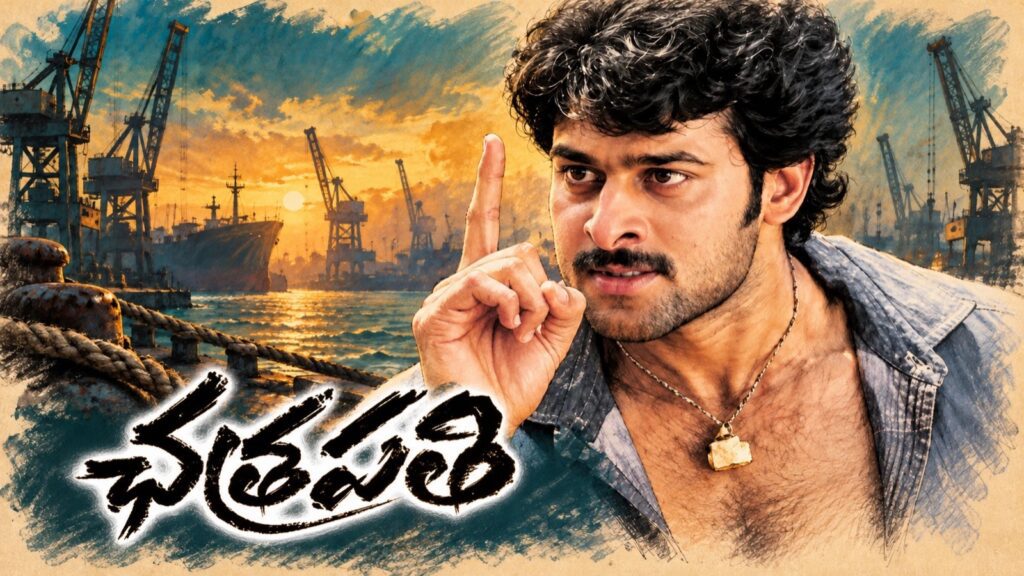 సూర్యాస్తమయ వేళ నౌకాశ్రయపు క్రేన్లు, ఓడ ముందు ఒక వేలు పైకెత్తిన గిరజాల జుట్టు వ్యక్తి చిత్రం, తెలుగులో ఛత్రపతి పేరుతో.