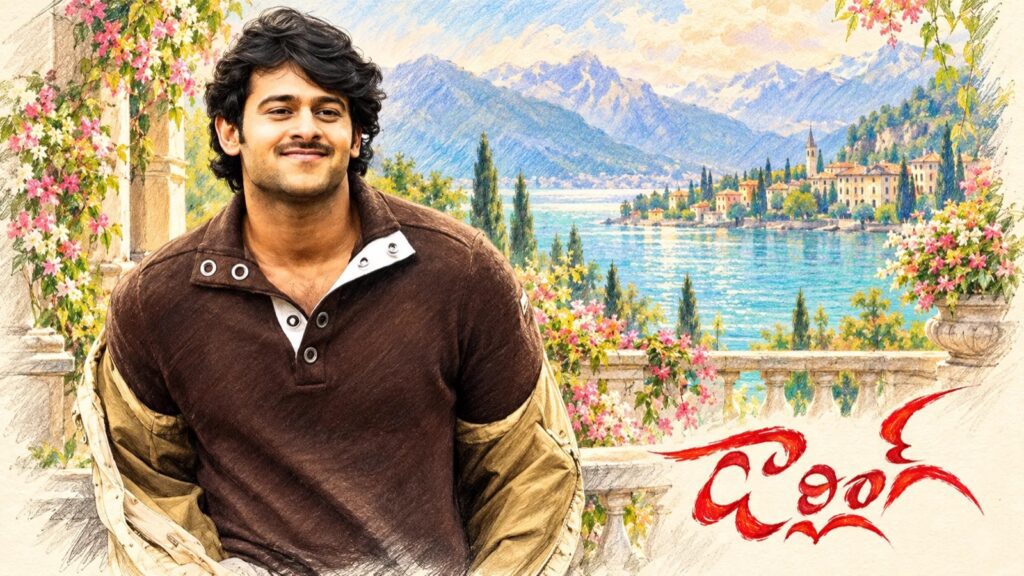పర్వత సరస్సు పైన పూలతో నిండిన టెర్రస్పై గోధుమ రంగు స్వెటర్, లేత జాకెట్తో నవ్వుతున్న వ్యక్తి చిత్రం, తెలుగులో డార్లింగ్ పేరుతో.