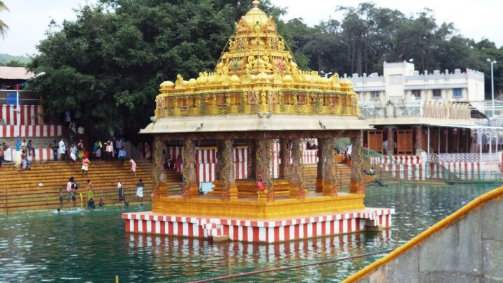 తిరుమల స్వామి పుష్కరిణి మధ్యలో బంగారు రంగు మండపం, మెట్ల వద్ద స్నానం చేస్తున్న భక్తులు.