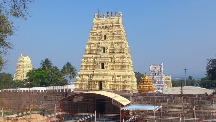 శ్రీశైలం మల్లికార్జున స్వామి ఆలయ ప్రాకారం, పశ్చిమ గోపురం, వెనుక కనిపిస్తున్న ఇతర గోపురాలు.