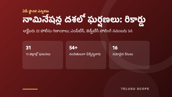 తెలుగు స్కోప్ సమాచార కార్డు: నామినేషన్ల దశలో ఘర్షణలు: రికార్డు. 31 13 జిల్లాల్లో ఘటనలు; 54+ నిందితులుగా పేర్కొన్నవారు; 16 నమోదైన కేసులు