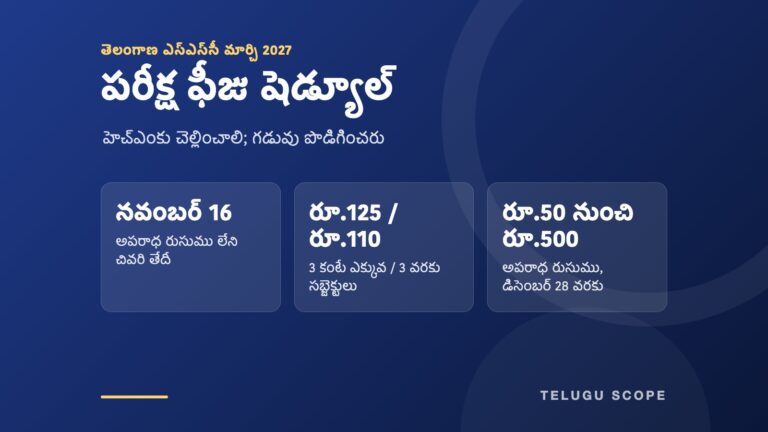 తెలంగాణ ఎస్‌ఎస్‌సీ 2027 ఫీజు గడువు నవంబర్ 16, రూ.125, రూ.110 ఫీజులు, రూ.50 నుంచి రూ.500 అపరాధ రుసుము చూపే ఇన్ఫో కార్డ్