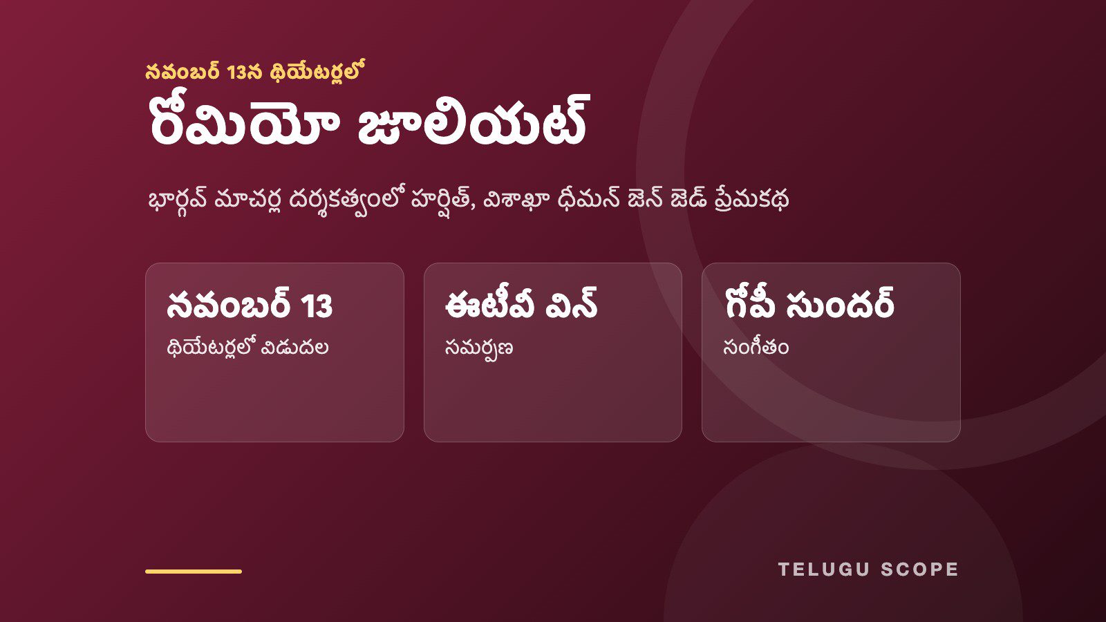 రోమియో జూలియట్ శీర్షికతో నవంబర్ 13 విడుదల తేదీ, ఈటీవీ విన్ సమర్పణ, గోపీ సుందర్ సంగీతం వివరాలున్న ముదురు ఎరుపు సమాచార కార్డు.