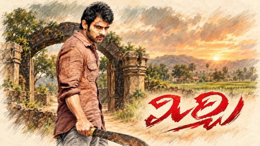 పాడుబడిన రాతి ఆర్చి, పల్లె పొలాల ముందు వంపు తిరిగిన కత్తి పట్టుకున్న తుప్పు రంగు చొక్కా వ్యక్తి చిత్రం, తెలుగులో మిర్చి పేరుతో.
