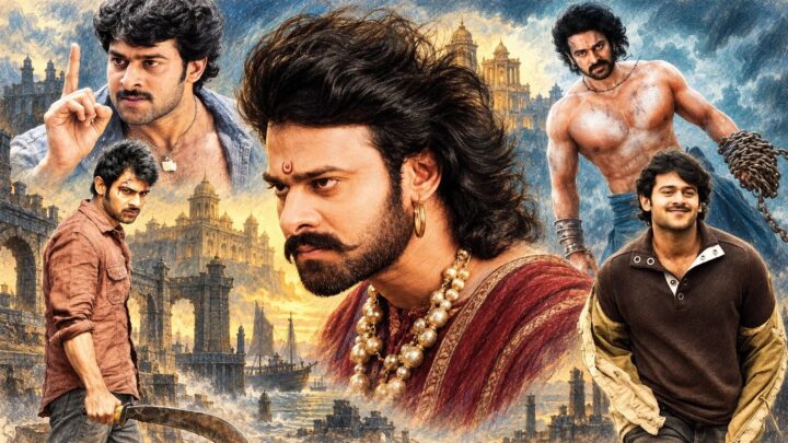 ఎర్రటి వస్త్రం, ముత్యాల హారంతో పెద్ద చిత్రం, గొలుసులతో యోధుడి రూపం, సాధారణ, యాక్షన్ రూపాలతో పాత కోటలు, తుఫాను ఆకాశం నేపథ్యంలో ప్రభాస్ చిత్రాల చిత్రలేఖన కూర్పు.