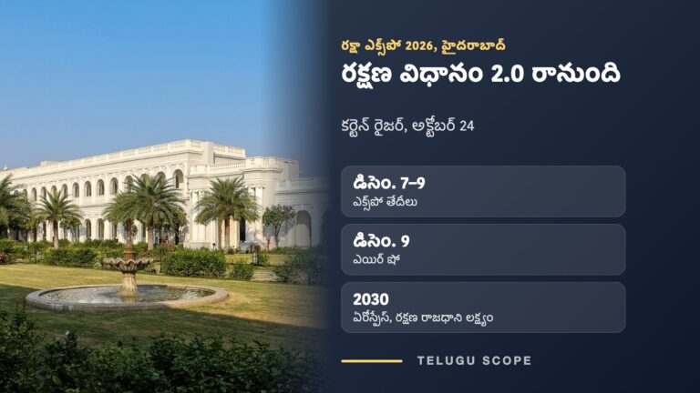 హైదరాబాద్ ఫలక్‌నుమా ప్యాలెస్ పక్కన తెలుగు స్కోప్ కార్డ్: రక్షా ఎక్స్‌పో 2026, డిసెంబర్ 7–9 భారత్ ఫ్యూచర్ సిటీ, డిసెంబర్ 9న ఎయిర్ షో.