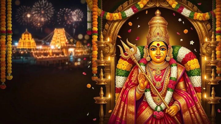 పూలమాలలు, దీపాల మధ్య త్రిశూలం ధరించిన అమ్మవారి చిత్రం; వెనుక విద్యుద్దీపాలతో వెలుగుతున్న ఆలయం, బాణసంచా.