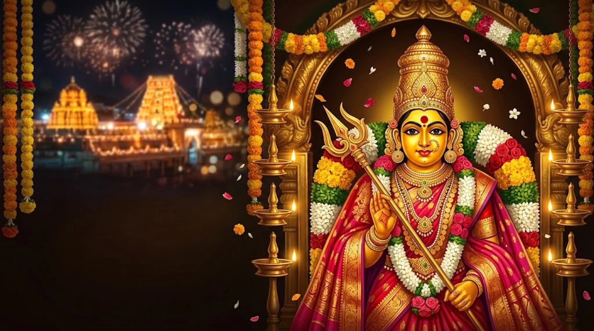 పూలమాలలు, దీపాల మధ్య త్రిశూలం ధరించిన అమ్మవారి చిత్రం; వెనుక విద్యుద్దీపాలతో వెలుగుతున్న ఆలయం, బాణసంచా.