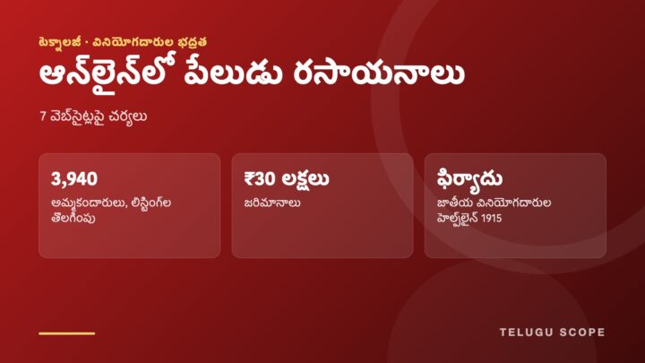 ఆన్‌లైన్‌లో పేలుడు రసాయనాలపై చర్యలు: 3,940 లిస్టింగ్‌ల తొలగింపు, రూ.30 లక్షల జరిమానాలు, హెల్ప్‌లైన్ 1915 వివరాలున్న తెలుగు స్కోప్ సమాచార కార్డు.